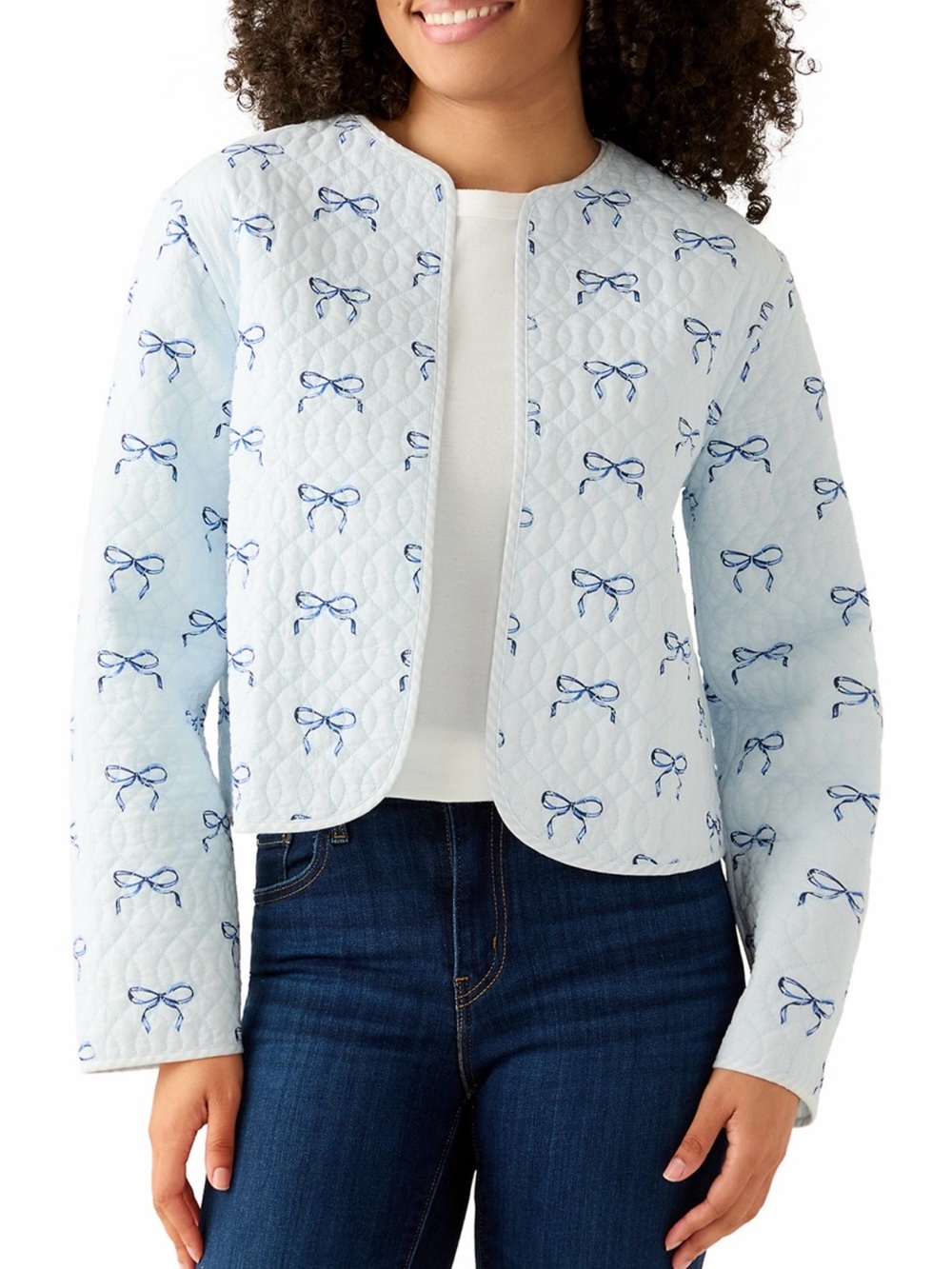 Crown and Ivy Light Blue Quilted Bow-Print Jacket - Women. Reversible.